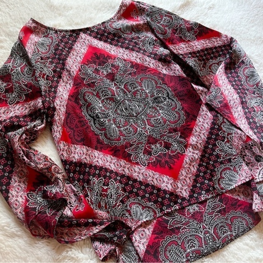 Ellen Tracy Red Paisley Print Silky Bell Sleeve Blouse